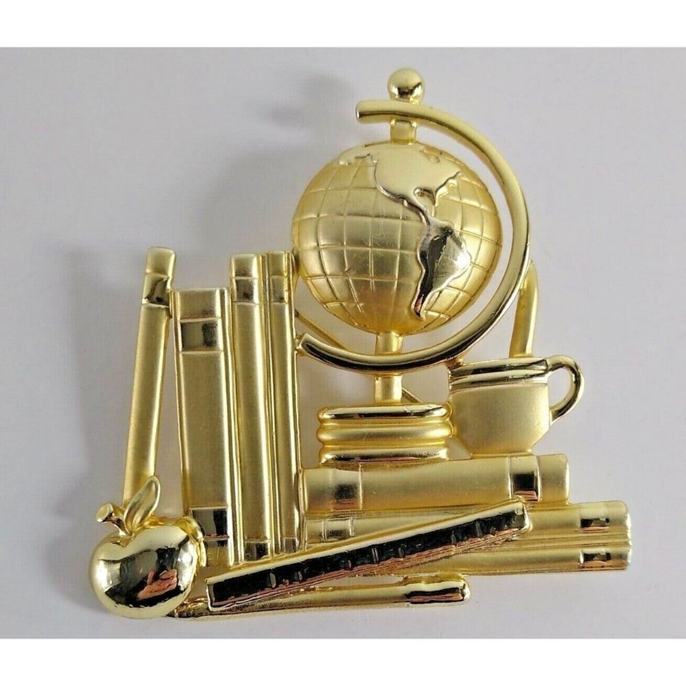 Gold Tone Teachers Pin Brooch 3D Apple Books Globe Large Education Gift
